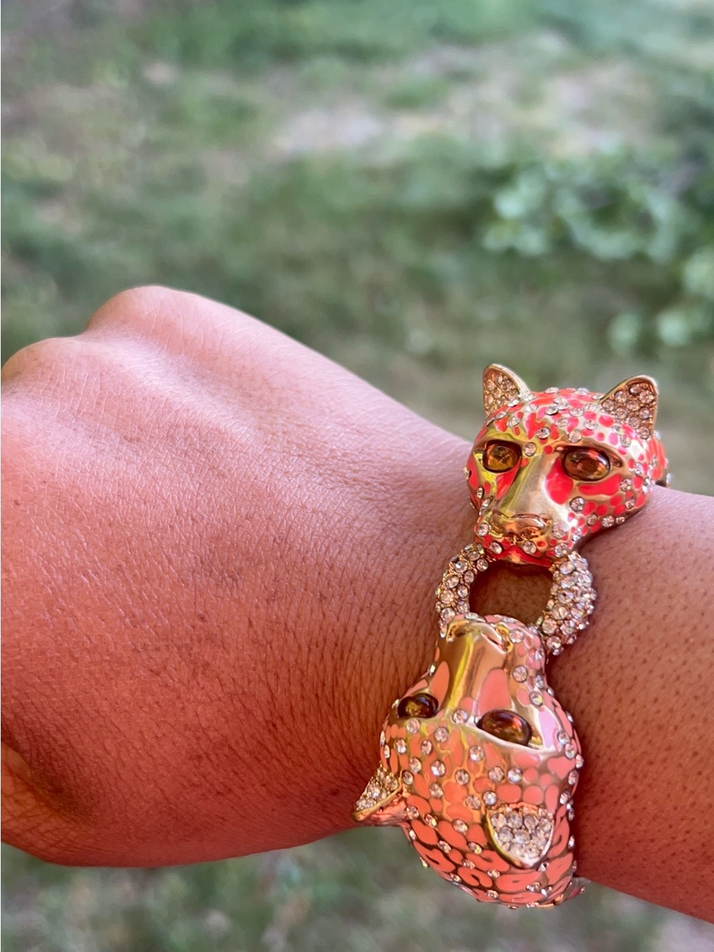 J Crew Pink Leopard Pave Crystal Enamel and Gold Leopard Head Hinged Cuff Bracel - Picture 6 of 6
